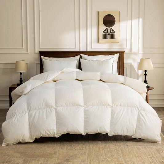 Dluxe Ave. ( QUEEN ) Feather Down Fibers Comforter, Oversized Luxury, All Season Duvet Insert with Feather Down/ White