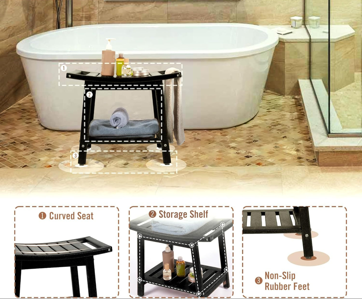 Dluxe Ave. Shower Bench Seat, Waterproof (Black) 21.8 x 14 x 18.1 Inch