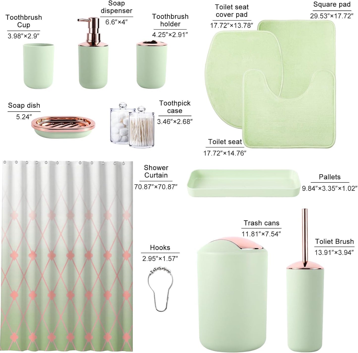 Dluxe Ave. BSSN 25Pcs Green Bathroom Set with Shower Curtain and Rugs
