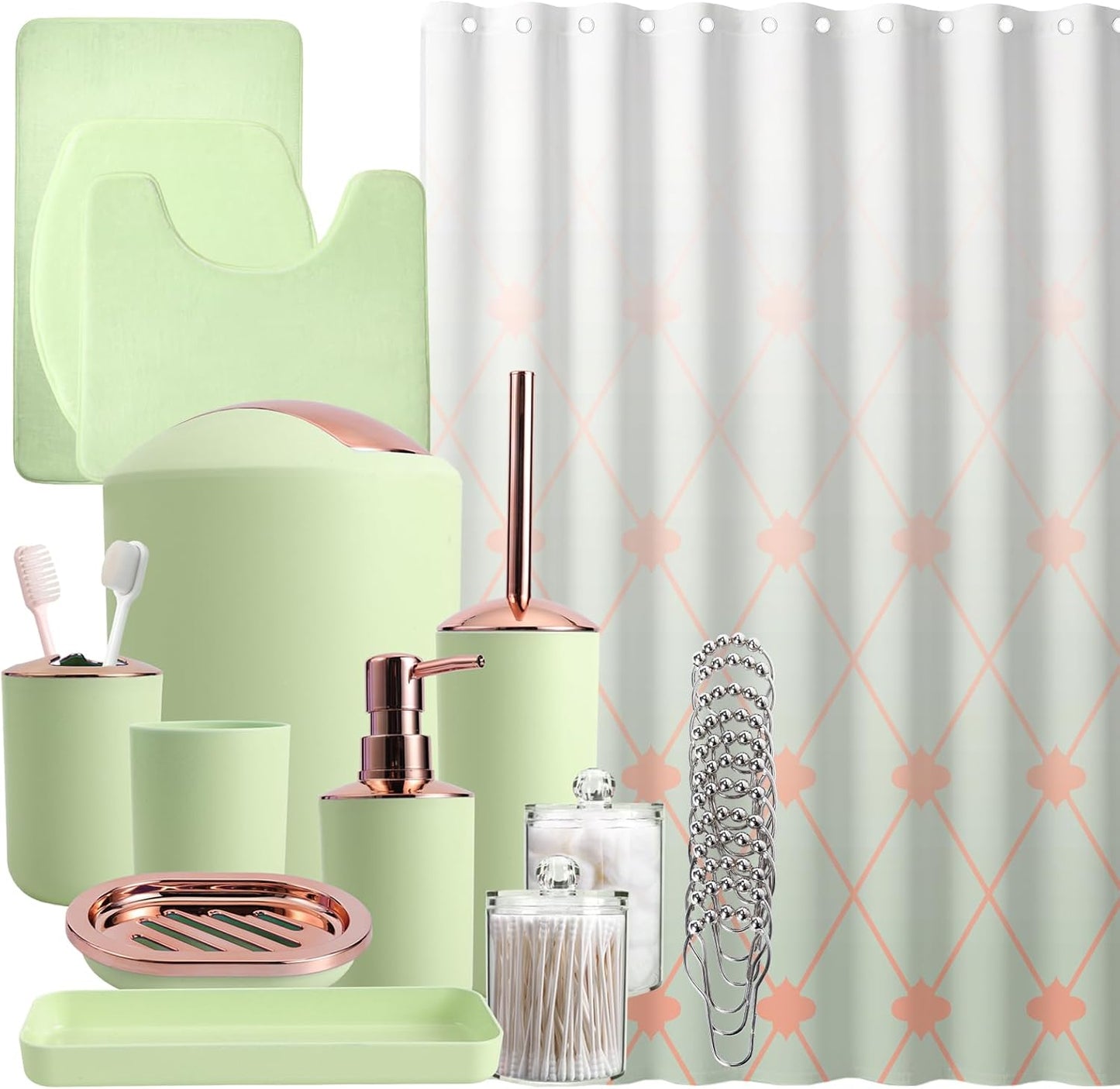 Dluxe Ave. BSSN 25Pcs Green Bathroom Set with Shower Curtain and Rugs