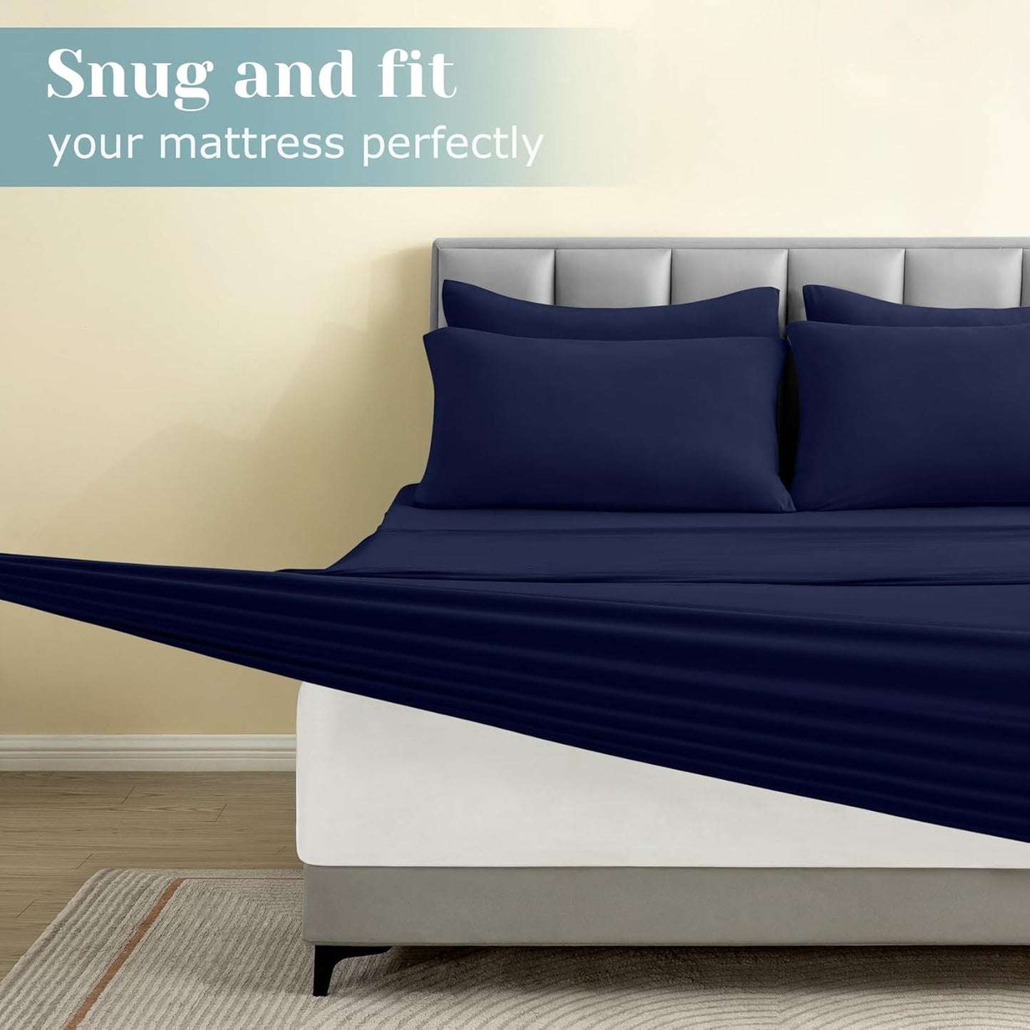 Dluxe Ave. ( FULL ) 6 Pcs Jersey Knit  Bed Sheet Set, Navy Blue