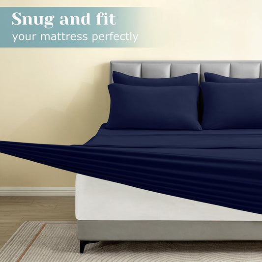 Dluxe Ave. ( FULL ) 6 Pcs Jersey Knit  Bed Sheet Set, Navy Blue