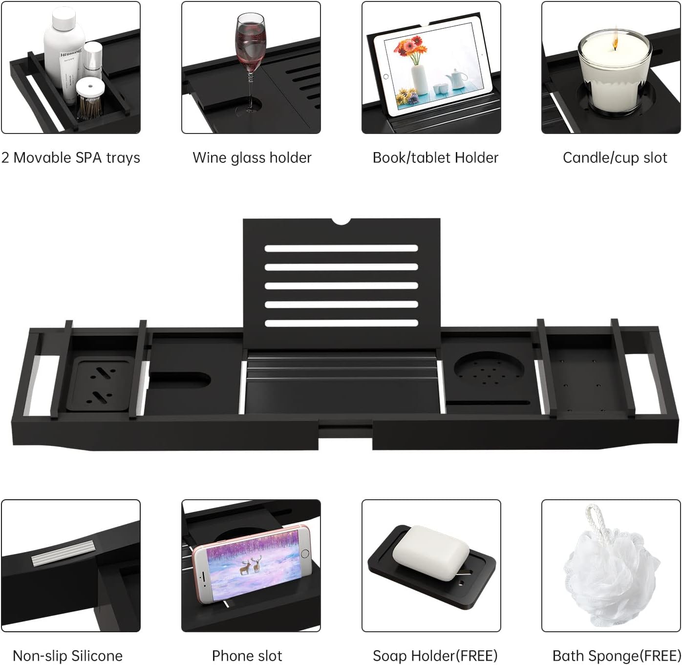 Dluxe Ave. Bamboo Bathtub Tray for Luxury Bathroom Expandable Premium Bath Tray Black