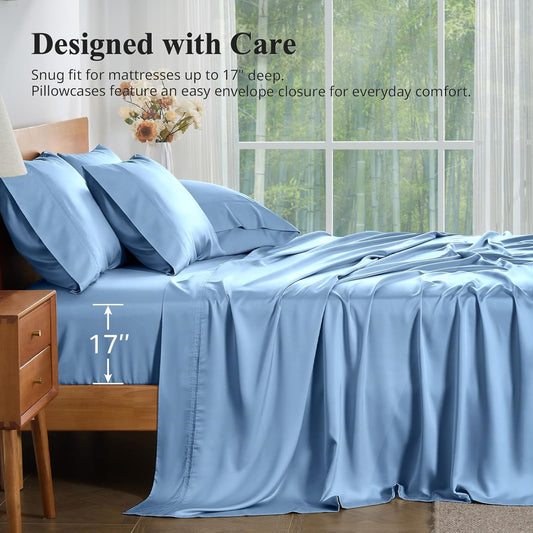 Dluxe Ave. ( FULL ) 4 Pcs 100% Viscose Derived from Bamboo Sheets,Soft Luxury Bed Sheets. Sky