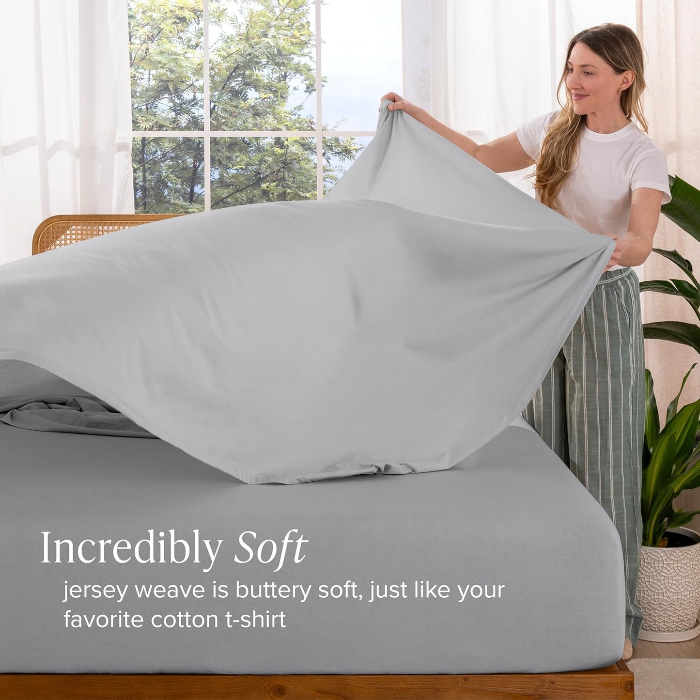 Dluxe Ave. ( QUEEN ) 100% Organic Cotton Jersey Sheet Set, Ultra Soft,  Light Grey