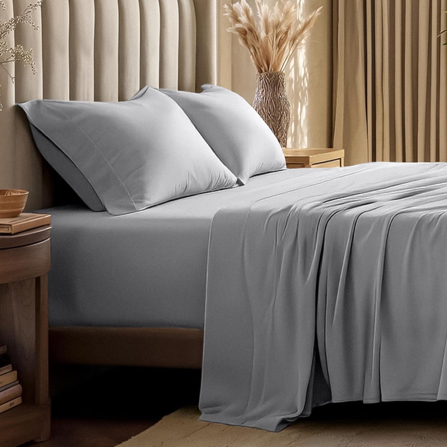 Dluxe Ave. ( QUEEN ) 100% Organic Cotton Jersey Sheet Set, Ultra Soft,  Light Grey