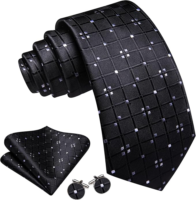 Dluxe Ave.  Black Ties for Men Silk Plaid Necktie and Tie Clip Polka Dot Tie