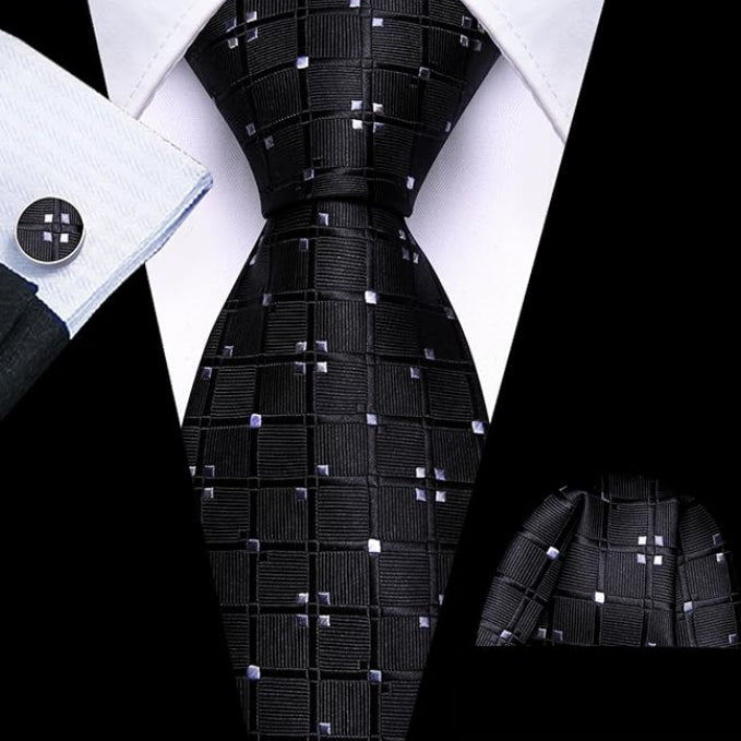 Dluxe Ave.  Black Ties for Men Silk Plaid Necktie and Tie Clip Polka Dot Tie