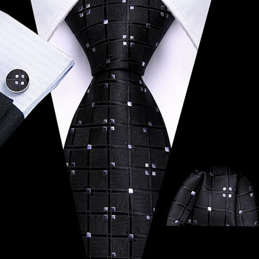 Dluxe Ave.  Black Ties for Men Silk Plaid Necktie and Tie Clip Polka Dot Tie