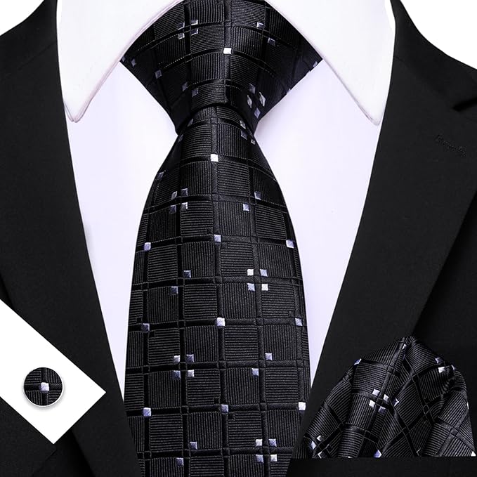 Dluxe Ave.  Black Ties for Men Silk Plaid Necktie and Tie Clip Polka Dot Tie