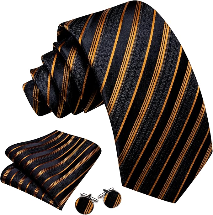 Dluxe Ave.  Men Clip on Tie with Lapel Pin & Pocket Square/ Gold Black