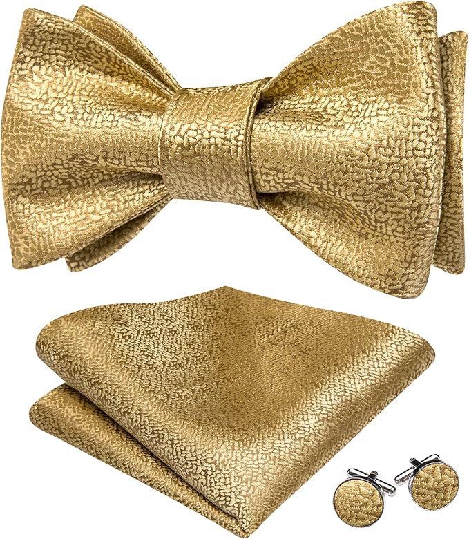Dluxe Ave. Gold Bow Ties for Men Self Tie Silk Solid Bowtie and Lapel Pin Handkerchief Cufflinks Set