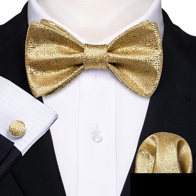 Dluxe Ave. Gold Bow Ties for Men Self Tie Silk Solid Bowtie and Lapel Pin Handkerchief Cufflinks Set