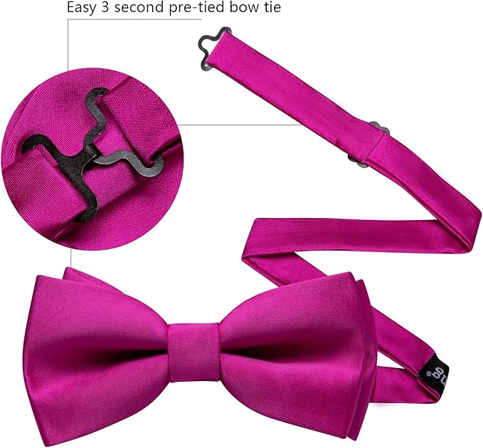 Dluxe Ave. Magenta Bow Ties for Men Pre-tied Bow Tie with Pocket Square Cufflinks Set Classic Solid Color Bowties gift