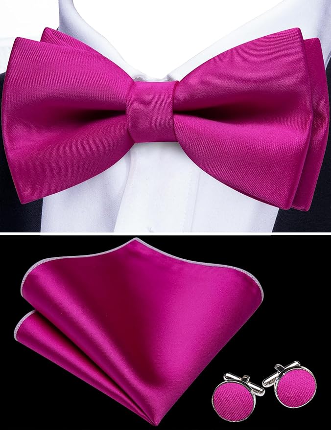 Dluxe Ave. Magenta Bow Ties for Men Pre-tied Bow Tie with Pocket Square Cufflinks Set Classic Solid Color Bowties gift