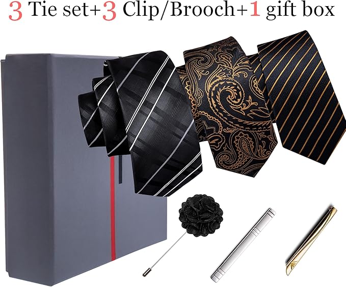 Dluxe Ave. Mens Gift Box Tie Set 3PCS Silk Stripe Paisley Necktie Pocket Square Cufflinks Lapel Pin