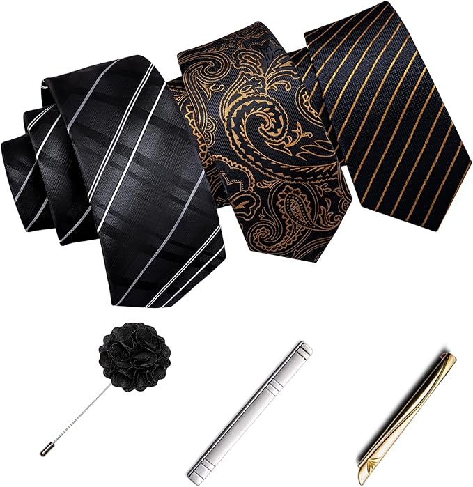Dluxe Ave. Mens Gift Box Tie Set 3PCS Silk Stripe Paisley Necktie Pocket Square Cufflinks Lapel Pin