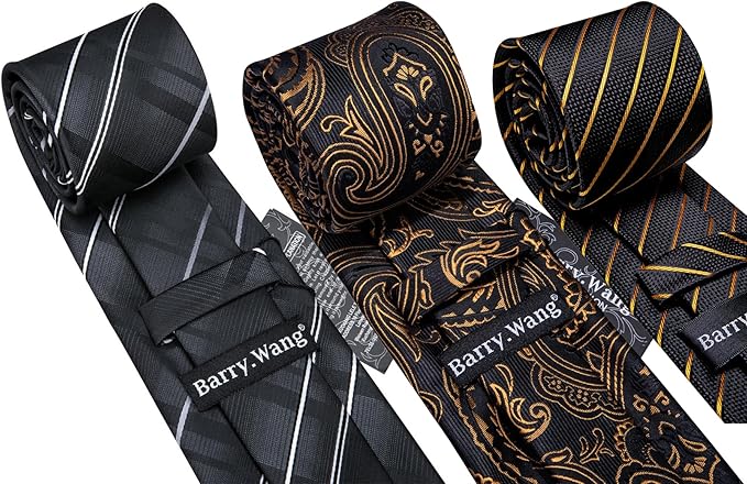 Dluxe Ave. Mens Gift Box Tie Set 3PCS Silk Stripe Paisley Necktie Pocket Square Cufflinks Lapel Pin