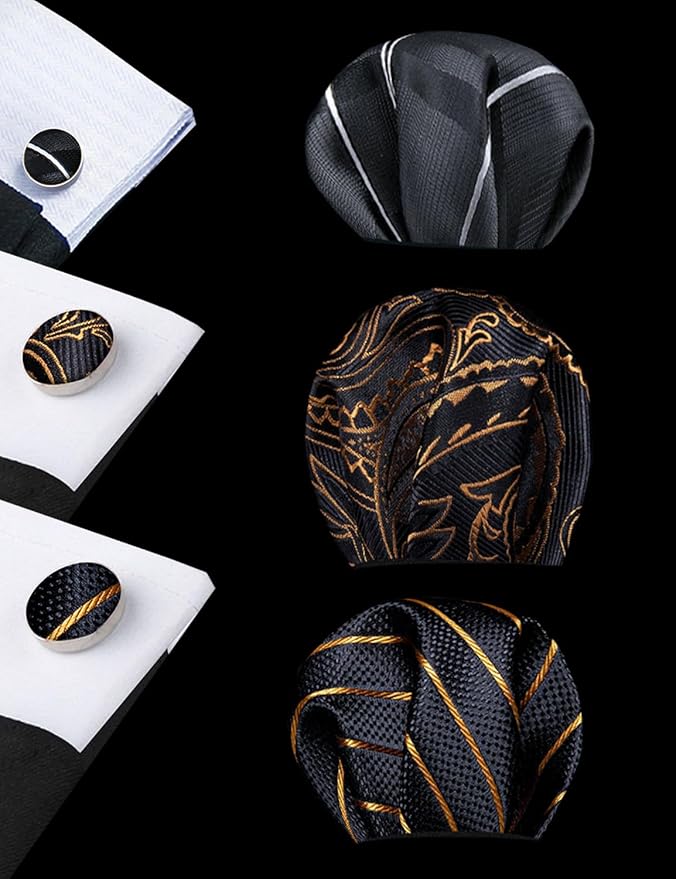 Dluxe Ave. Mens Gift Box Tie Set 3PCS Silk Stripe Paisley Necktie Pocket Square Cufflinks Lapel Pin