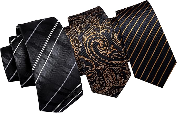 Dluxe Ave. Mens Gift Box Tie Set 3PCS Silk Stripe Paisley Necktie Pocket Square Cufflinks Lapel Pin