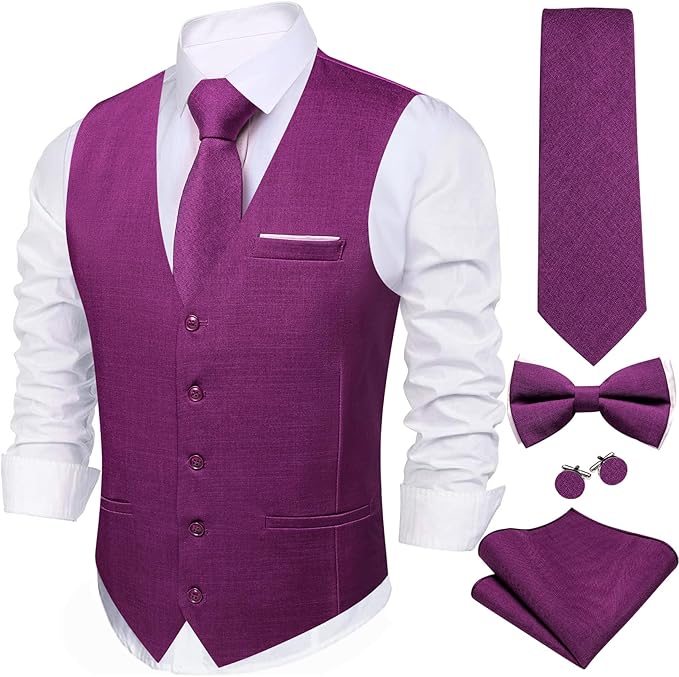 Dluxe Ave. (LARGE) Mens Suit Vest Linen/ Waistcoat Tie Bow Set/ Purple