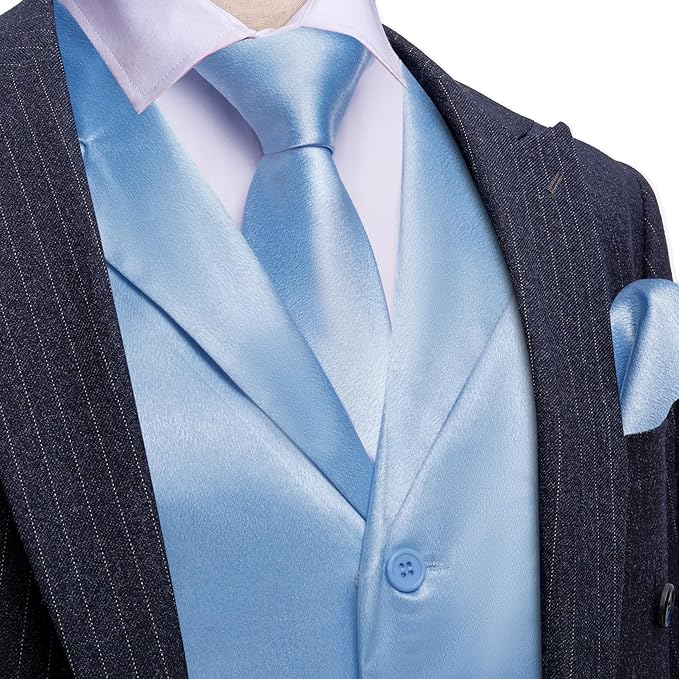 Dluxe Ave. (XLARGE) Mens Vest Lapel Collar/ Satin Slim Fit/  Waistcoat Tie Bowtie Set/ Sky Blue