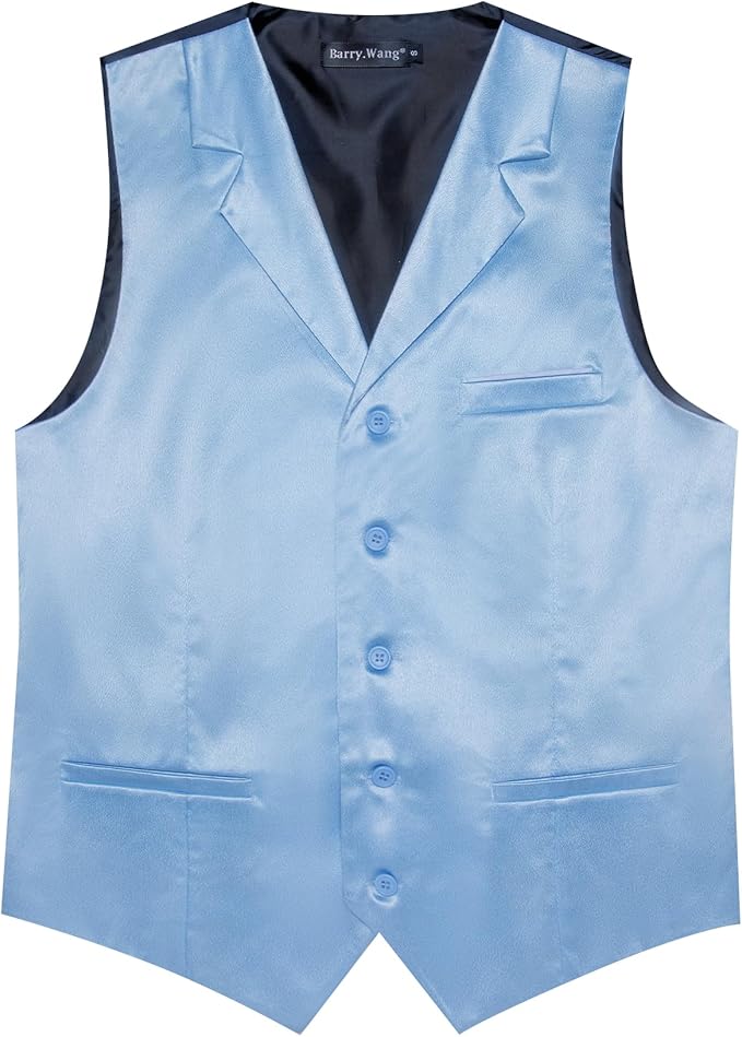 Dluxe Ave. (XLARGE) Mens Vest Lapel Collar/ Satin Slim Fit/  Waistcoat Tie Bowtie Set/ Sky Blue