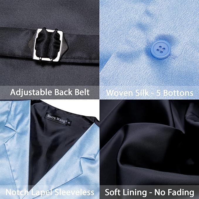 Dluxe Ave. (XLARGE) Mens Vest Lapel Collar/ Satin Slim Fit/  Waistcoat Tie Bowtie Set/ Sky Blue