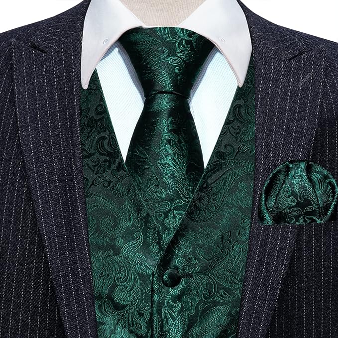 Dluxe Ave. (3X-LARGE) V-Neck Suit Vest/ Waistcoat Silk Tie Hanky Cufflink Clip Set/ Black Green