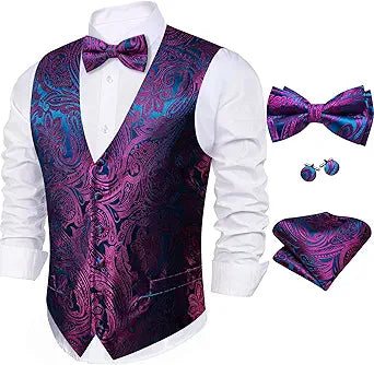 Dluxe Ave. (SMALL)  Mens Waistcoat Bowtie Set Paisley/ Silk V-Neck Vest/ Teal Purple