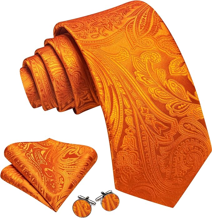 Dluxe Ave. Orange Tie Paisley Necktie with Tie Clip for Men Silk Tie