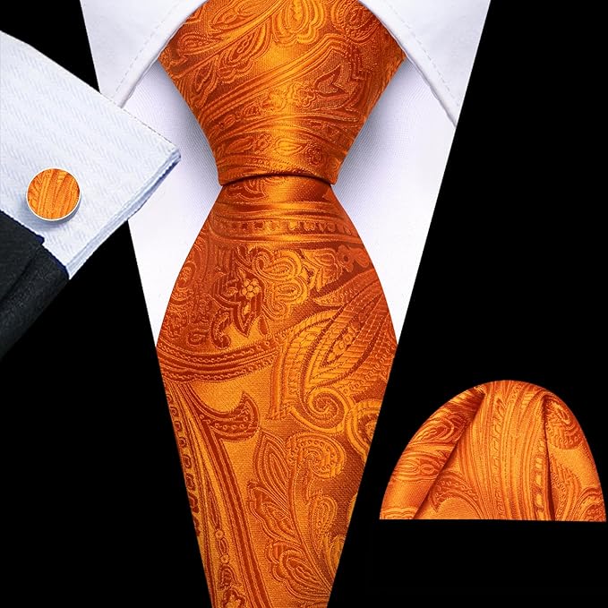 Dluxe Ave. Orange Tie Paisley Necktie with Tie Clip for Men Silk Tie