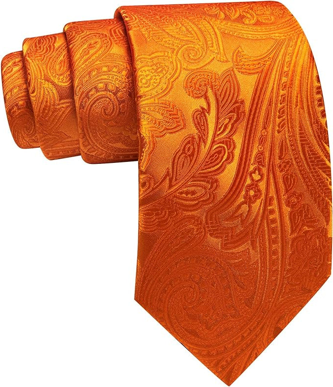 Dluxe Ave. Orange Tie Paisley Necktie with Tie Clip for Men Silk Tie