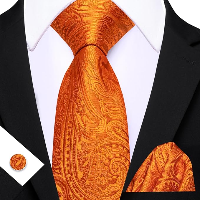 Dluxe Ave. Orange Tie Paisley Necktie with Tie Clip for Men Silk Tie