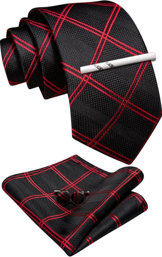 Dluxe Ave. Red Black Plaid Ties Set Mens Black Checkered Necktie Silk Pocket Square Cufflinks Tie Clip