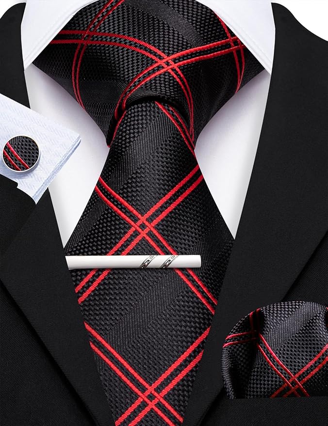 Dluxe Ave. Red Black Plaid Ties Set Mens Black Checkered Necktie Silk Pocket Square Cufflinks Tie Clip