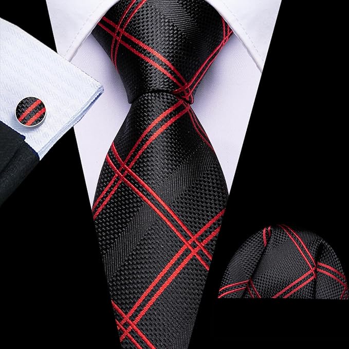 Dluxe Ave. Red Black Plaid Ties Set Mens Black Checkered Necktie Silk Pocket Square Cufflinks Tie Clip