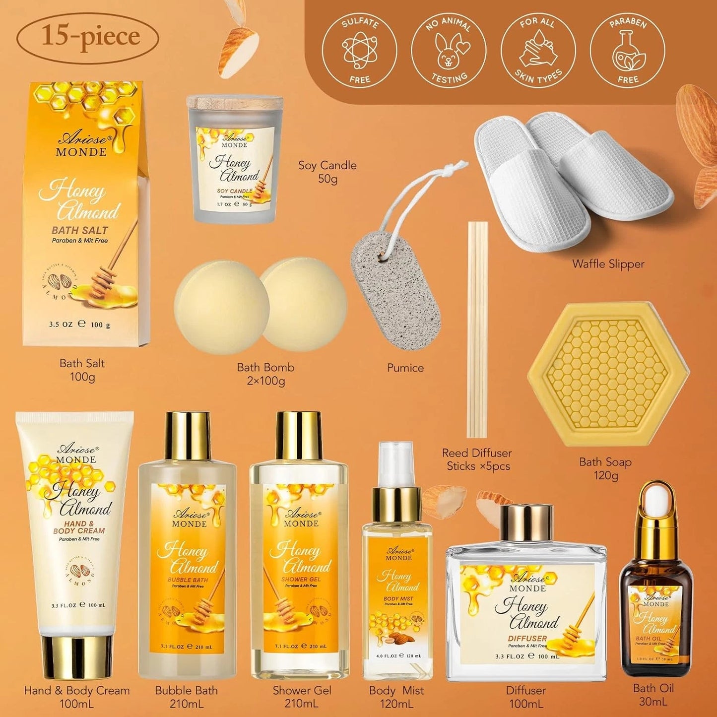 Dluxe Ave. Bath & Body Gift Set Luxury Home Spa Bath Gift Basket Honey Almond Scented Bath Set
