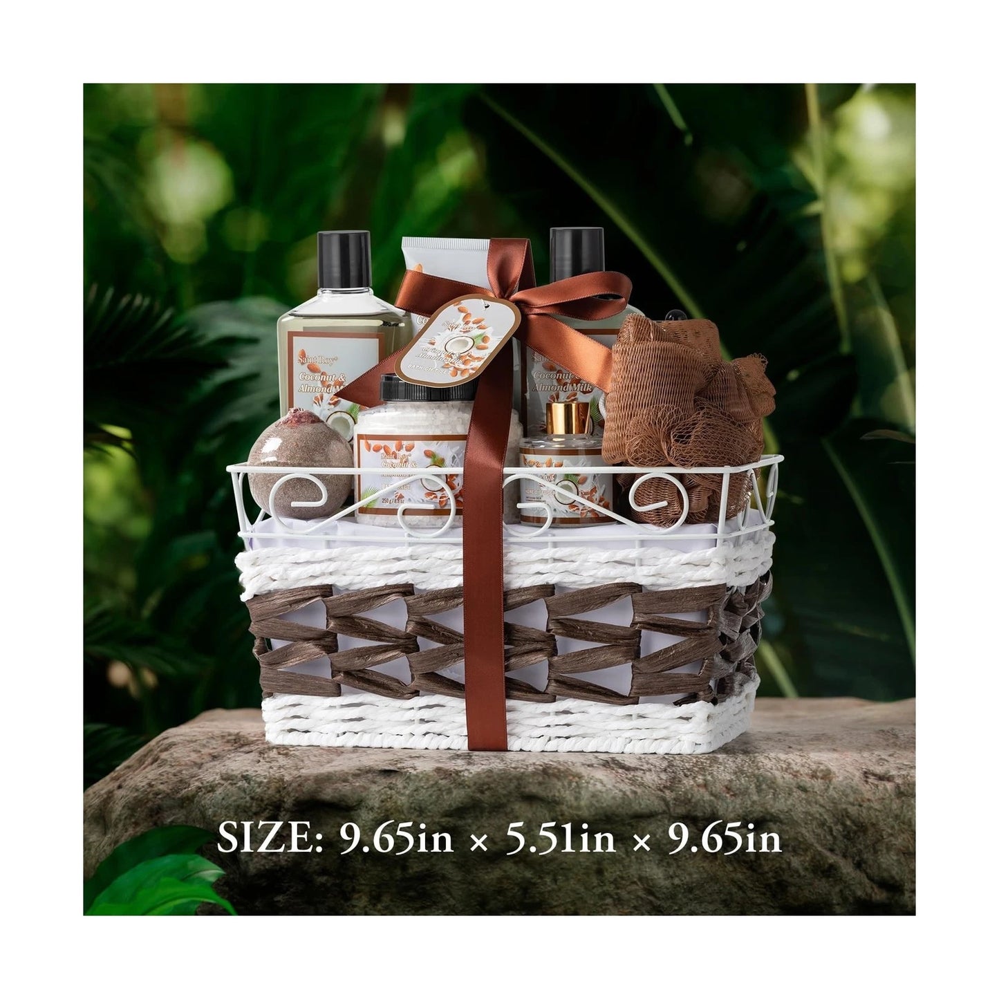 Dluxe Ave. Bath and Body Gift Basket For Women and Men Spa Gift Basket Coconut Almond 16 Pcs Bath Scents for Spa Luxurious Bath Body Oil Diffuser & More