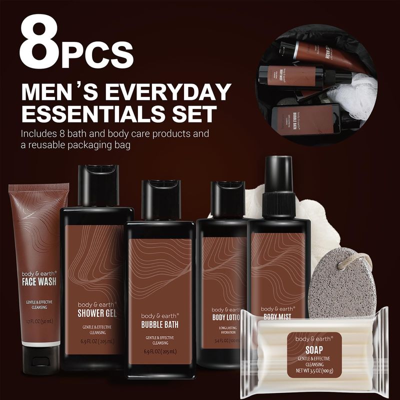 Dluxe Ave. Bath and Body Gift Baskets for Men Body & Earth Sandalwood Mens Bath Set with Body Lotion Face Wash Shower Gel Bubble Bath Loofah & More Gift Set for Menregalos para hombreChristmas Gifts