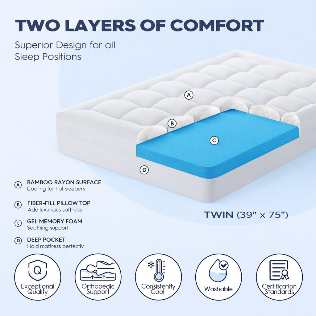 Dluxe Ave. ( TWIN ) Dual Layer 3 Inch Memory Foam Mattress Topper, 2 Inch Gel Memory Foam, 1 Inch Cooling Pillow