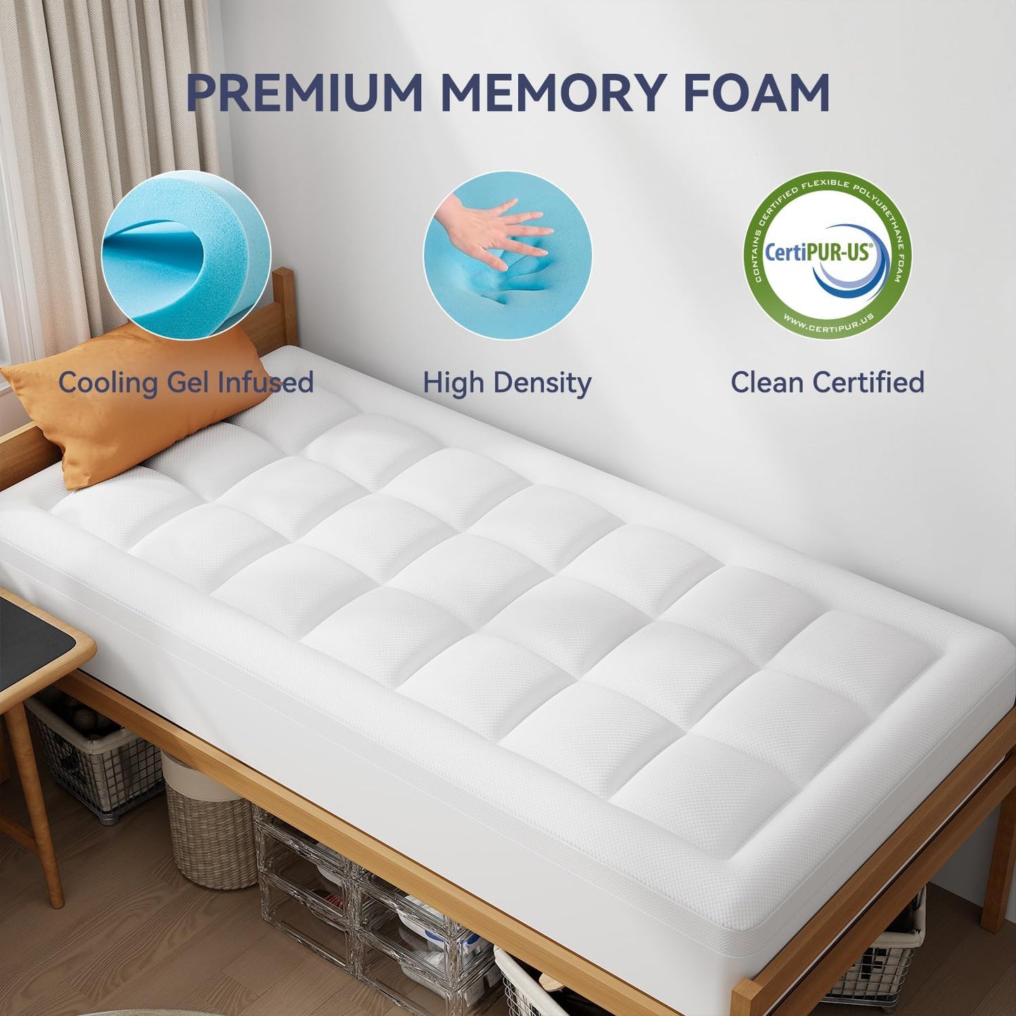 Dluxe Ave. ( TWIN ) Dual Layer 3 Inch Memory Foam Mattress Topper, 2 Inch Gel Memory Foam, 1 Inch Cooling Pillow