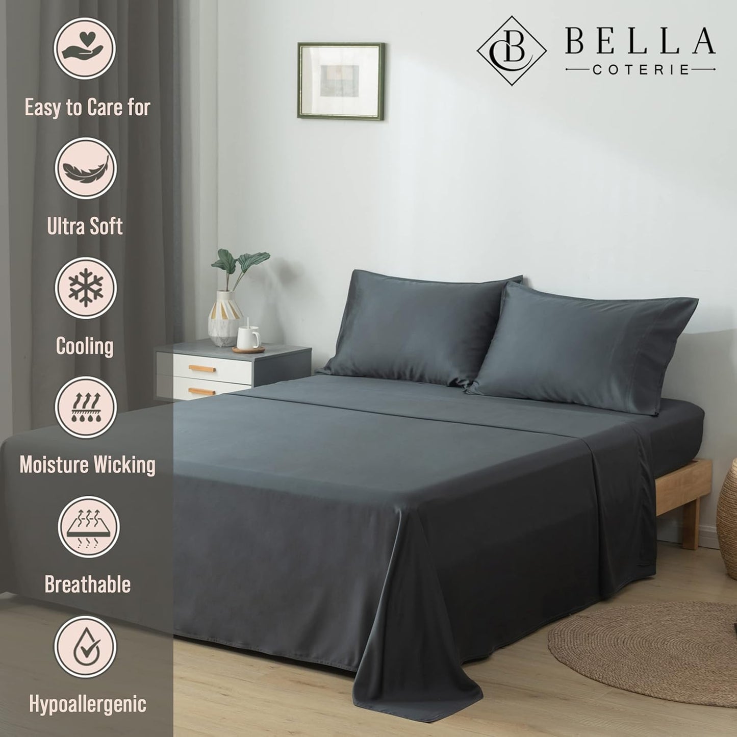 Dluxe Ave. ( QUEEN ) Bella Coterie Luxury Duvet Cover Set/ Made from Bamboo/90 x 94  / Charcoal Grey