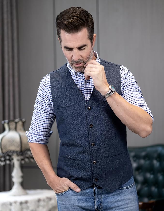 Dluxe Ave. (3X- LARGE) Mens Suit Vests/ Wool Tweed/ V Neck Slim Fit/ Waistcoat/ Coffee