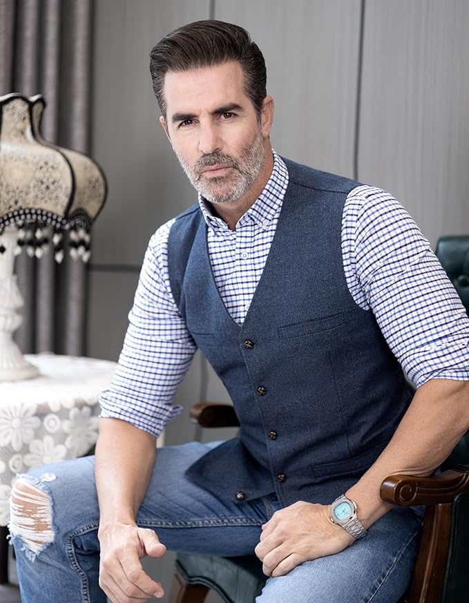 Dluxe Ave. (3X- LARGE) Mens Suit Vests/ Wool Tweed/ V Neck Slim Fit/ Waistcoat/ Coffee