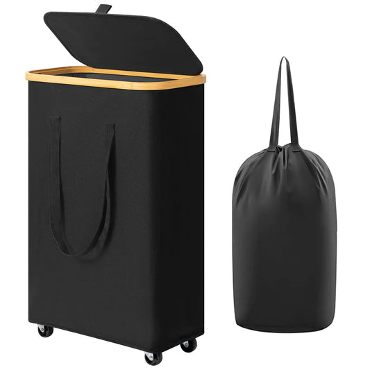 Dluxe Ave. Chirslley 60L Slim Laundry Basket with WheelsNarrow Laundry Hamper with Lid and Removable Liner Bag Foldable Clothes Hamper Organizer with Bamboo Handles for Bathroom Dorm Bedroom Black