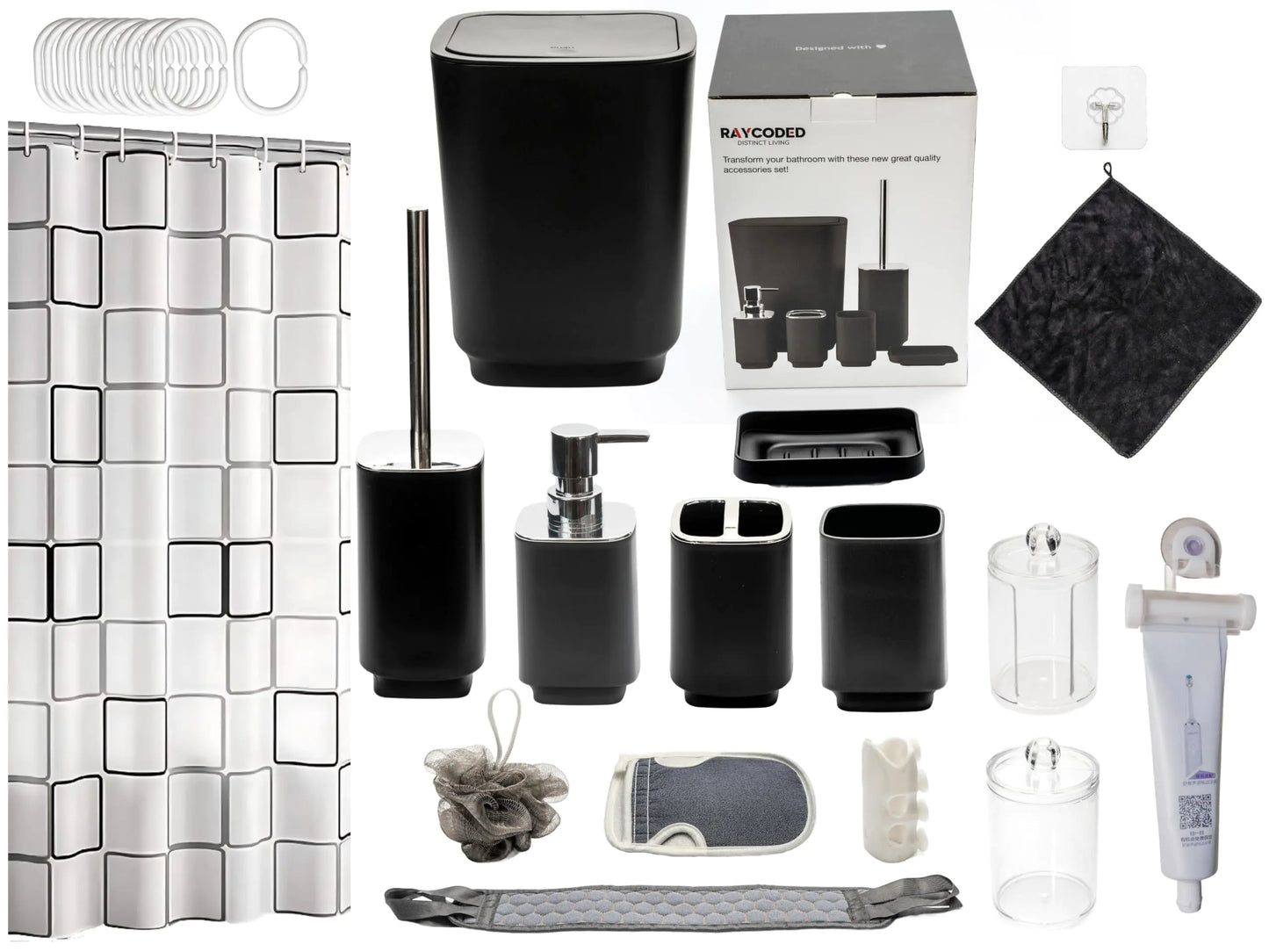 Dluxe Ave. RAYCODED 29pcs Bathroom Accessories Set Bathroom Accessory Set with Trash Can Bathroom Shower Curtain Sets Shower Curtains for Bathroom Sets Black Restroom Decor and Accessories