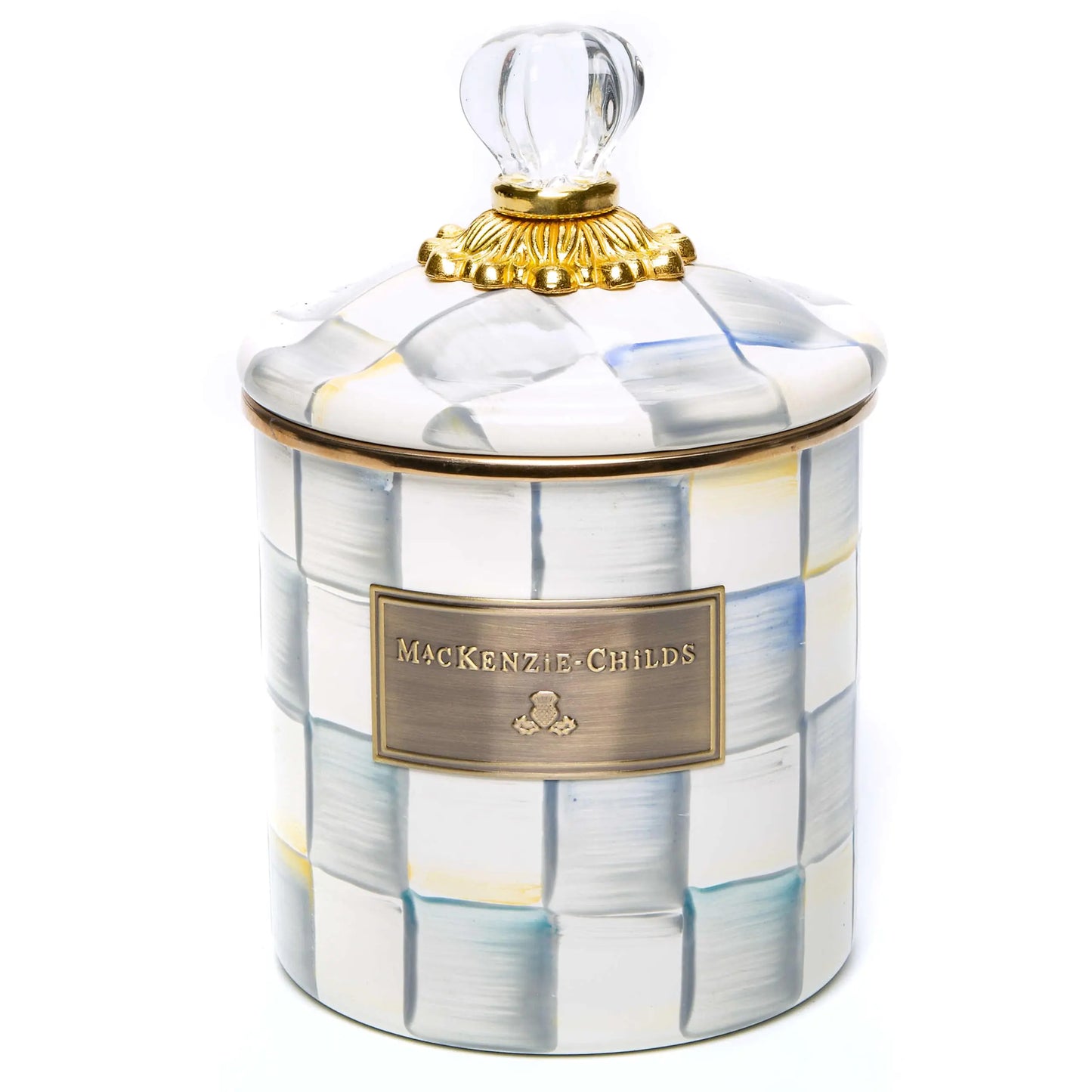 Dluxe Ave. MACKENZIE-CHILDS Sterling Check Enamel Canister Gray-and-White Kitchen Storage Container with Lid Small