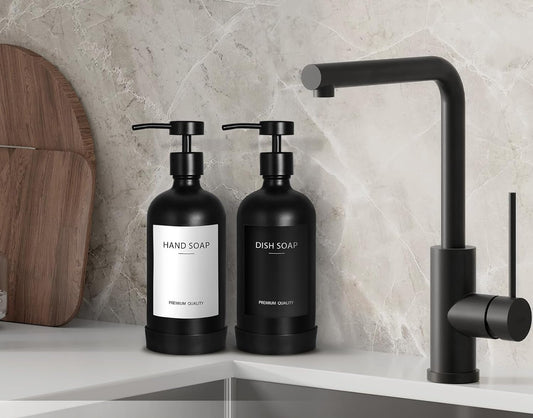 Dluxe Ave. Glass Soap Dispenser Set with Stainless Steel Pump (Black)