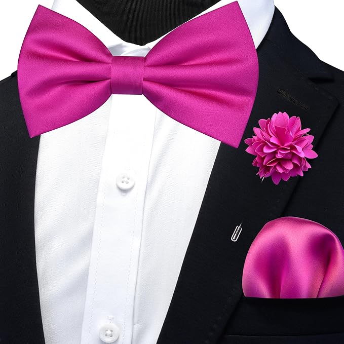 Dluxe Ave.  Mens Hot Pink Bow Tie/ Satin Silk / Pocket Square and Lapel Pin Brooch Set